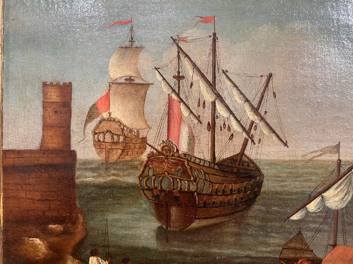 Intéressant paysage marin avec personnages et galions avec cadre ancienne, fin du XVIIe s.-photo-4