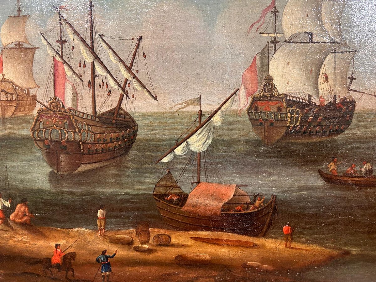 Intéressant paysage marin avec personnages et galions avec cadre ancienne, fin du XVIIe s.-photo-1