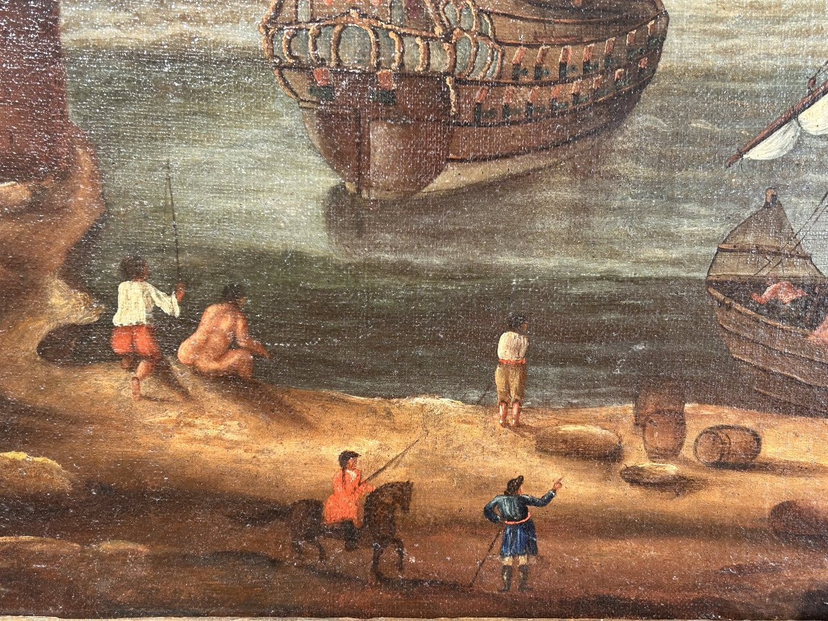 Intéressant paysage marin avec personnages et galions avec cadre ancienne, fin du XVIIe s.-photo-3