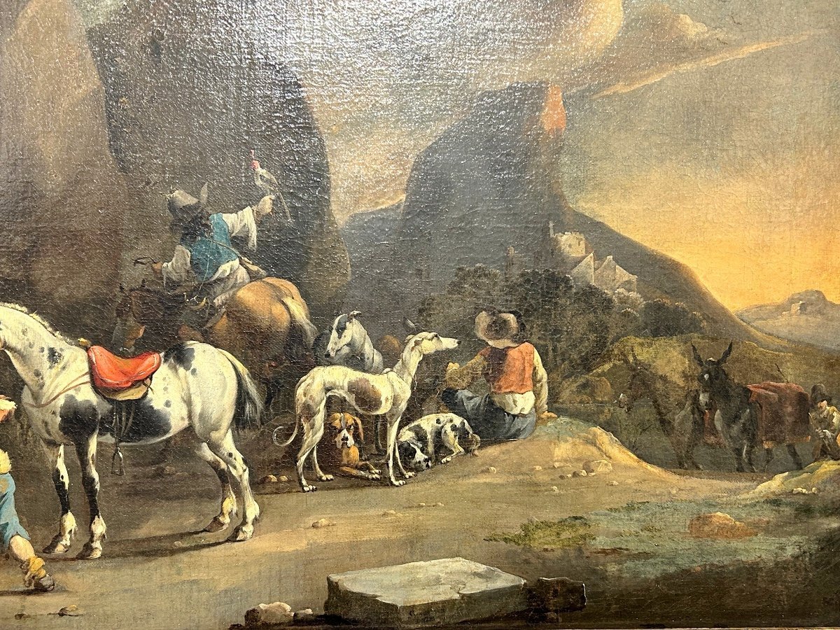 "Séjour de chasse avec fauconnier" - Signée Du Maître Hollandais Simon Van Douw (1630-1677)-photo-4