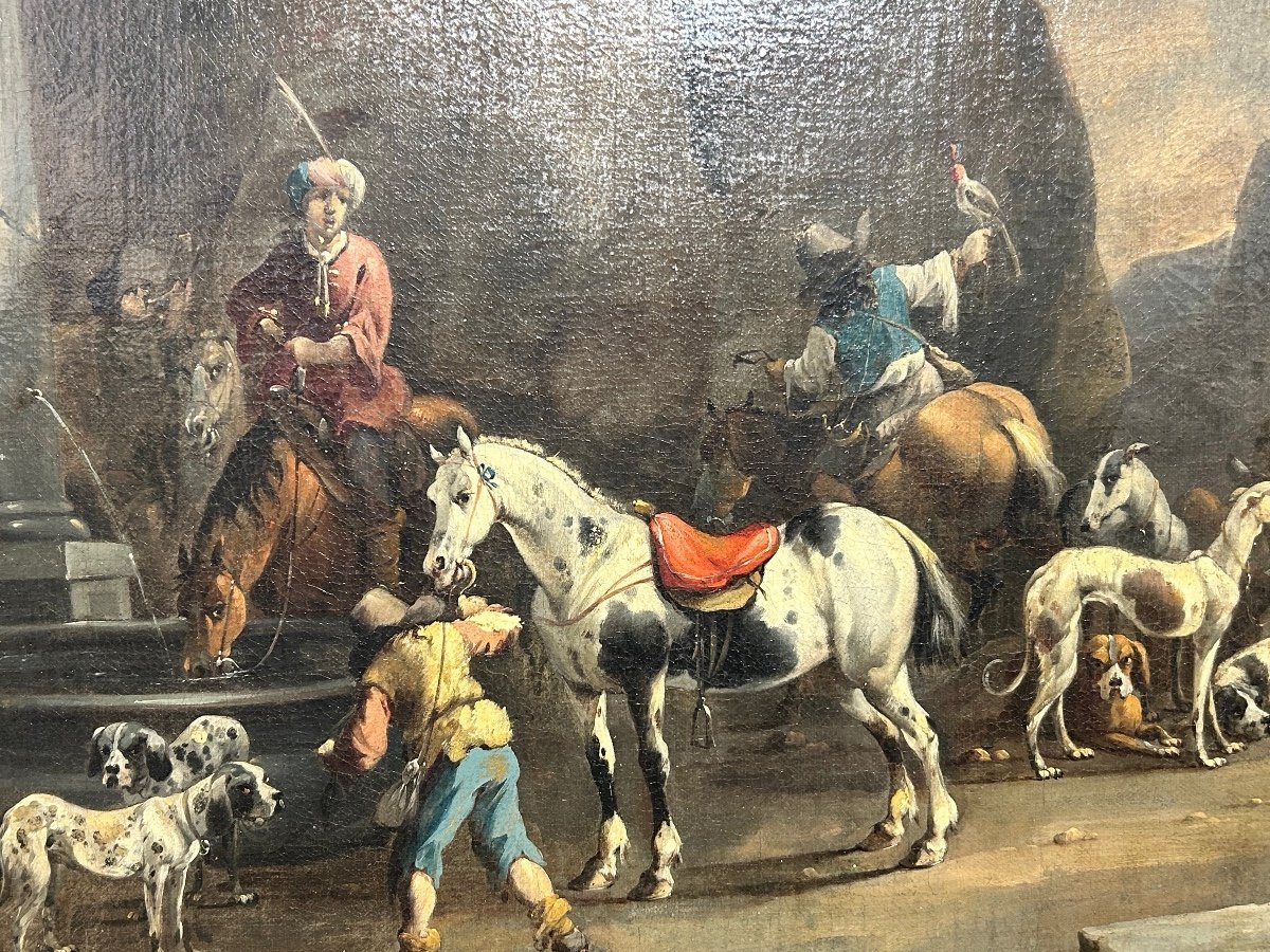 "Séjour de chasse avec fauconnier" - Signée Du Maître Hollandais Simon Van Douw (1630-1677)-photo-1
