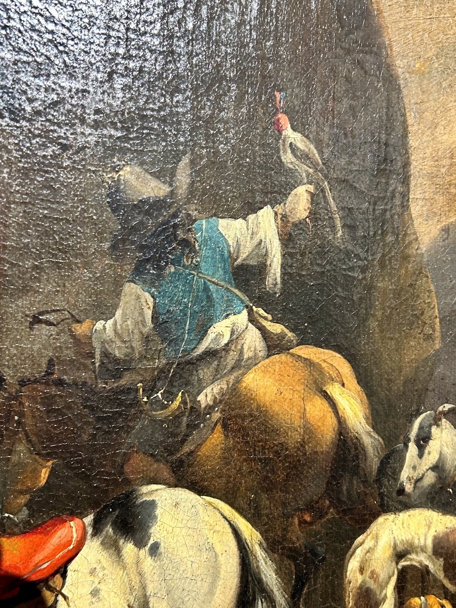 "Séjour de chasse avec fauconnier" - Signée Du Maître Hollandais Simon Van Douw (1630-1677)-photo-3