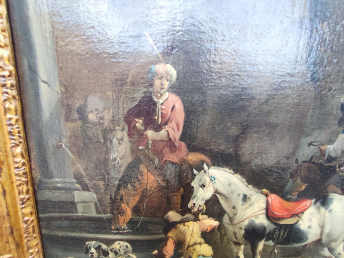 "Séjour de chasse avec fauconnier" - Signée Du Maître Hollandais Simon Van Douw (1630-1677)-photo-4