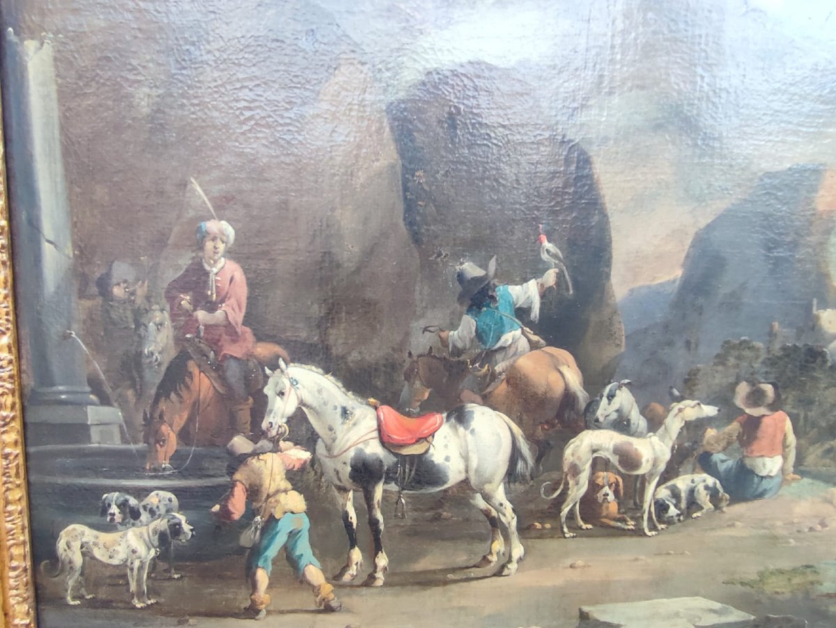"Séjour de chasse avec fauconnier" - Signée Du Maître Hollandais Simon Van Douw (1630-1677)-photo-5