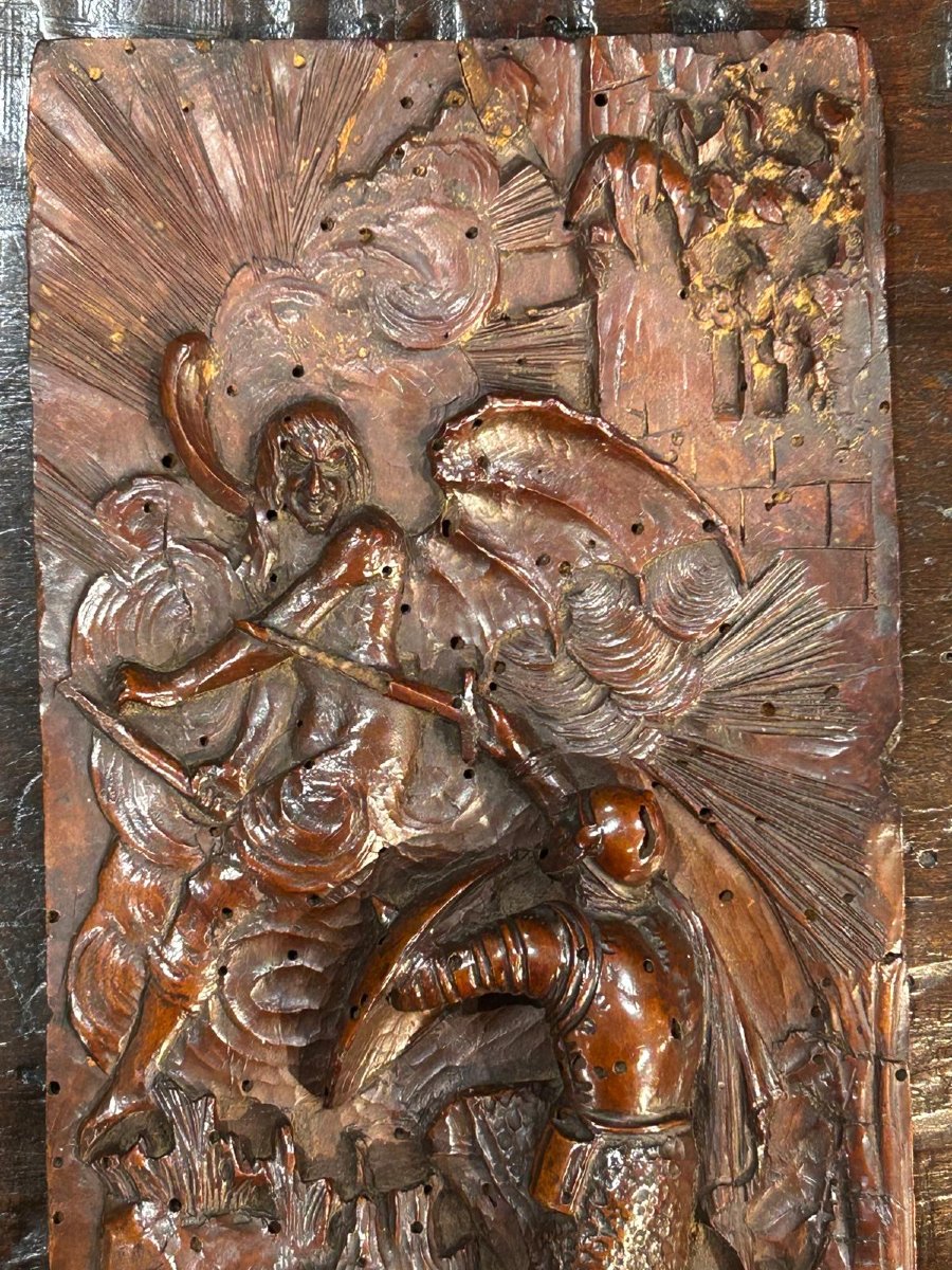 Carved Wooden Panel Depicting Saint Michael Vanquishing The Devil From The End Of The 16th Cent-photo-4