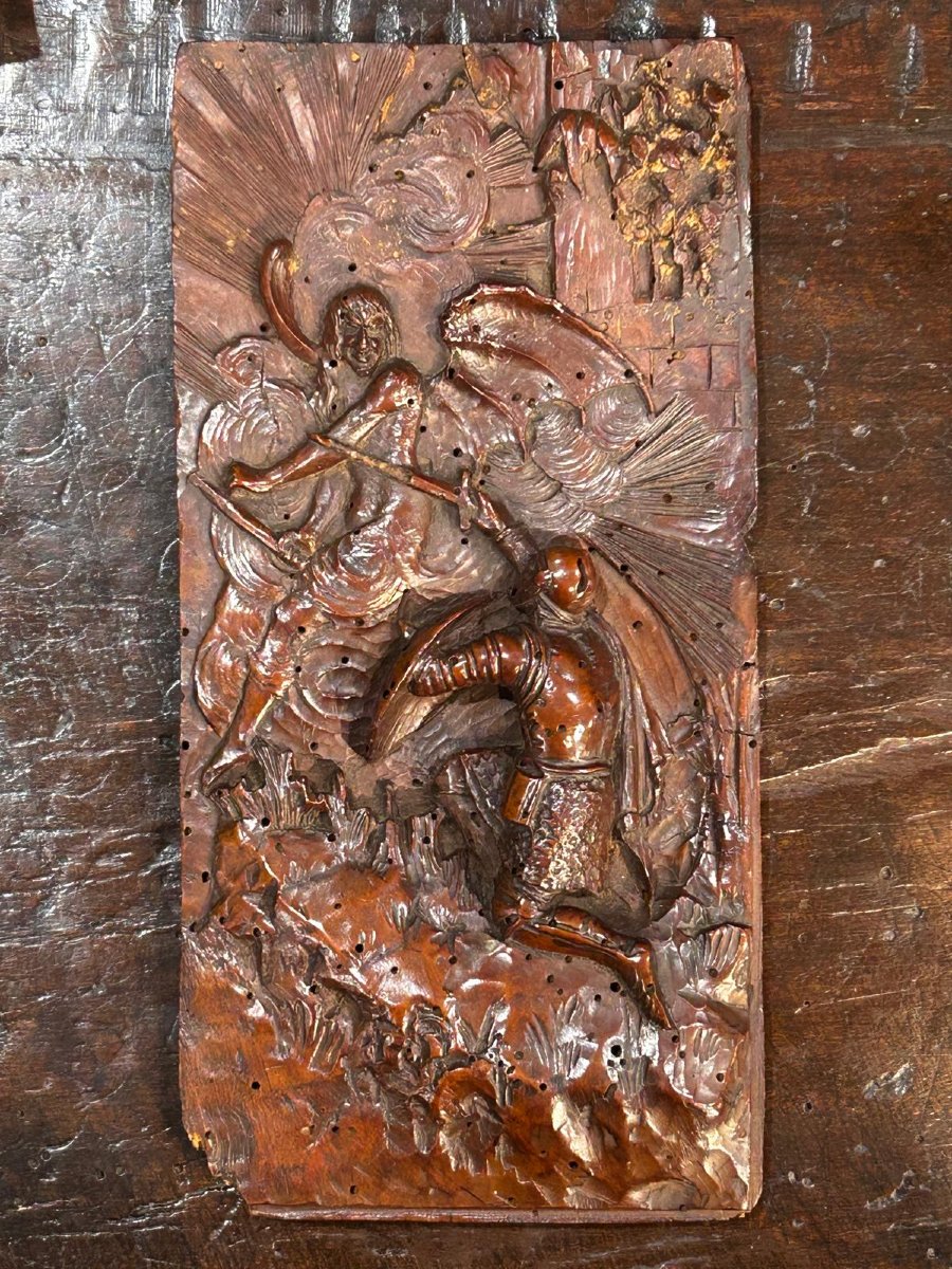 Carved Wooden Panel Depicting Saint Michael Vanquishing The Devil From The End Of The 16th Cent-photo-1