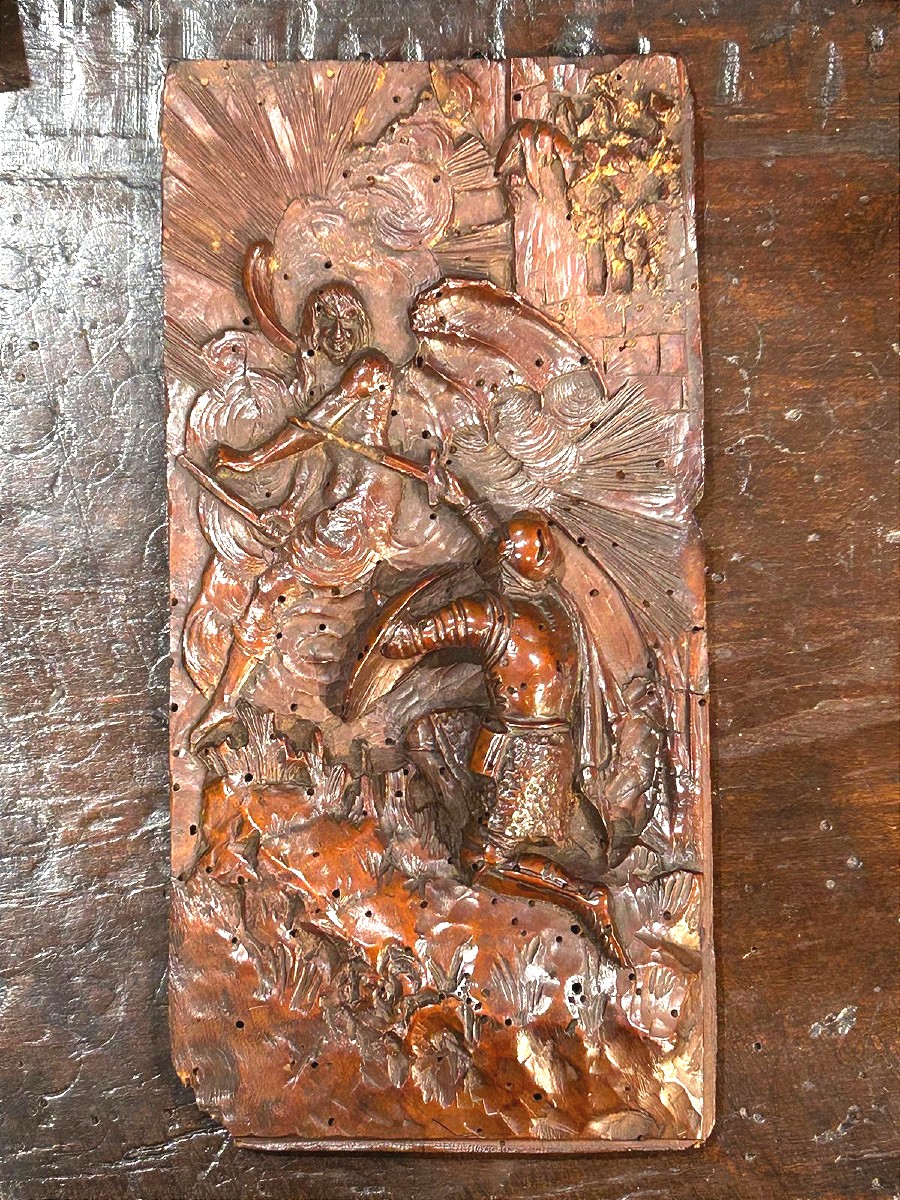 Carved Wooden Panel Depicting Saint Michael Vanquishing The Devil From The End Of The 16th Cent