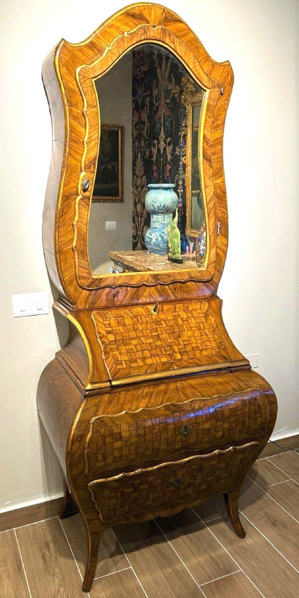 Elegant Trumeau In Finely Marquetry Walnut, Piedmont, Second Half Of The 18th Century.-photo-2