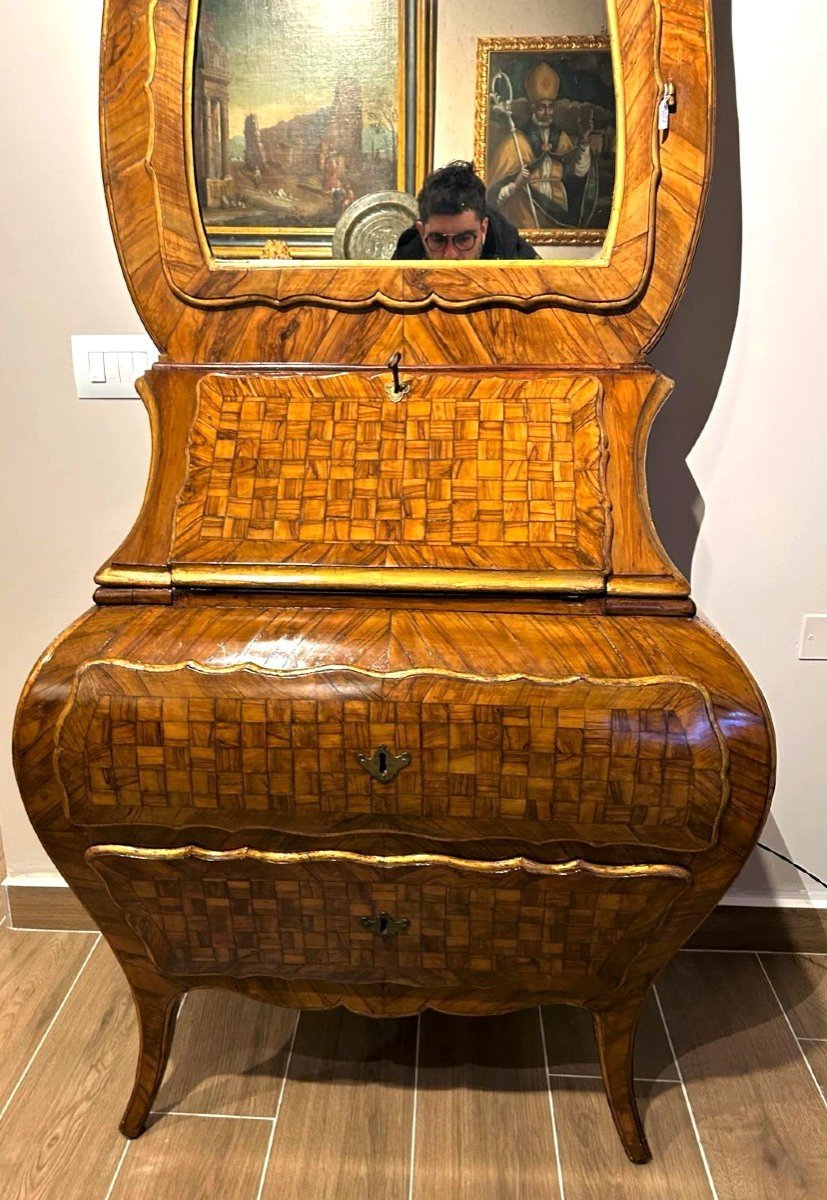 Elegant Trumeau In Finely Marquetry Walnut, Piedmont, Second Half Of The 18th Century.-photo-3