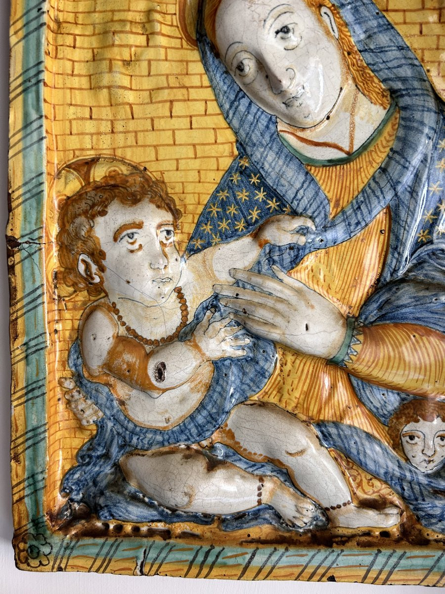 Vierge à l'Enfant, ancienne plaque en céramique polychrome de Deruta du milieu du XVIIe siècle-photo-2