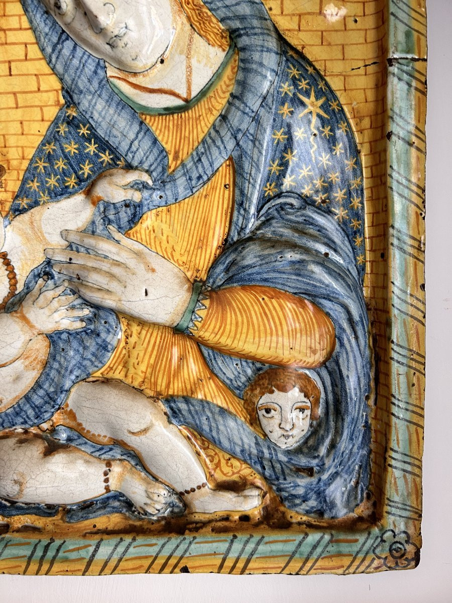 Vierge à l'Enfant, ancienne plaque en céramique polychrome de Deruta du milieu du XVIIe siècle-photo-3
