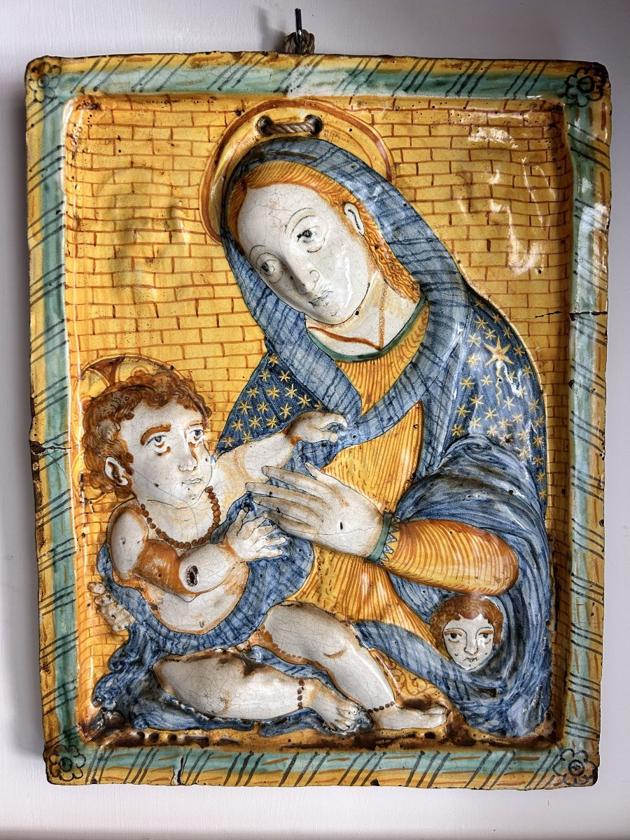 Vierge à l'Enfant, ancienne plaque en céramique polychrome de Deruta du milieu du XVIIe siècle-photo-4