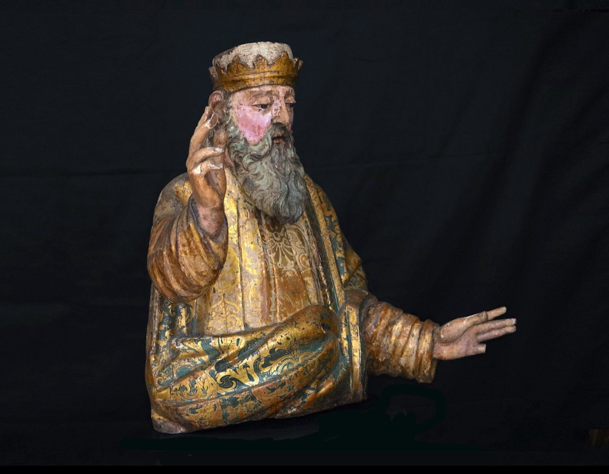 Sculpture d'Un Saint En Bois Polychrome Et Riche Décor ''estofado De Oro'', 1ère Moitié Du XVIs-photo-2