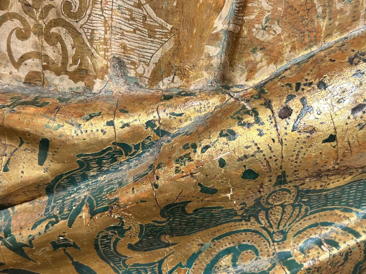 Sculpture d'Un Saint En Bois Polychrome Et Riche Décor ''estofado De Oro'', 1ère Moitié Du XVIs-photo-2