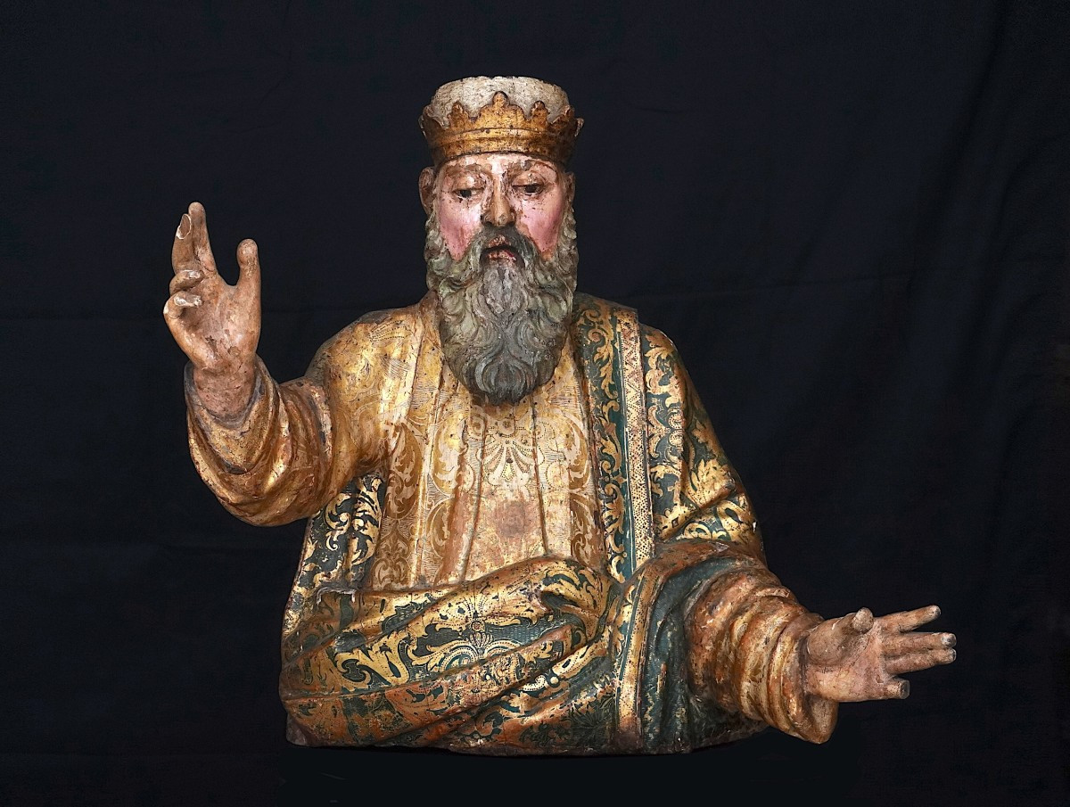 Sculpture d'Un Saint En Bois Polychrome Et Riche Décor ''estofado De Oro'', 1ère Moitié Du XVIs