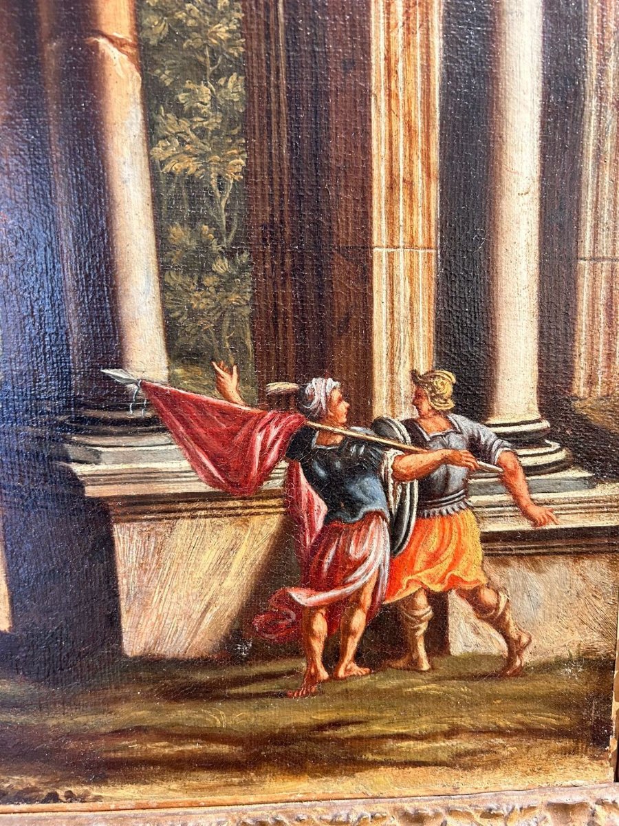 Alberto Carlieri - Paire de caprices architecturaux avec scènes bibliques sur cadres d'origine-photo-4