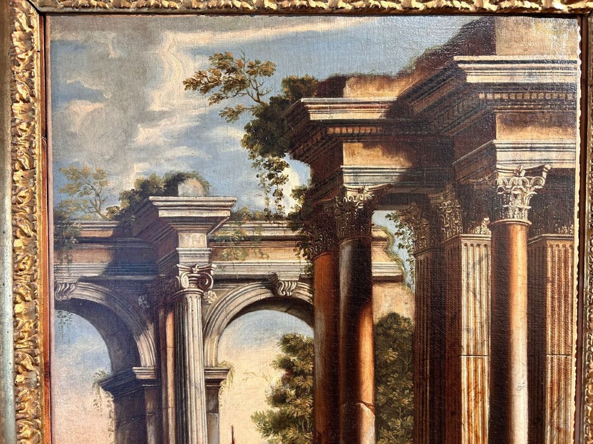 Alberto Carlieri - Paire de caprices architecturaux avec scènes bibliques sur cadres d'origine-photo-5