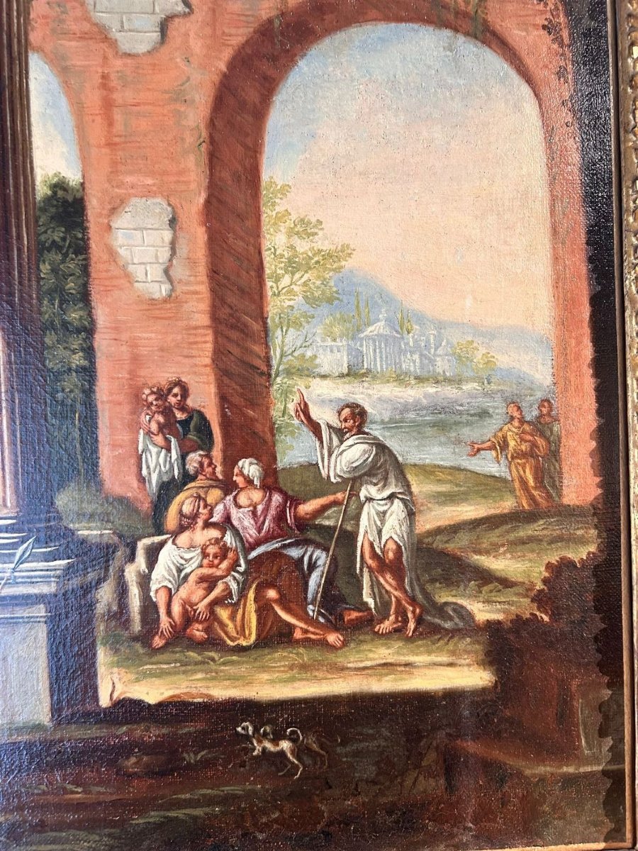 Alberto Carlieri - Paire de caprices architecturaux avec scènes bibliques sur cadres d'origine-photo-7