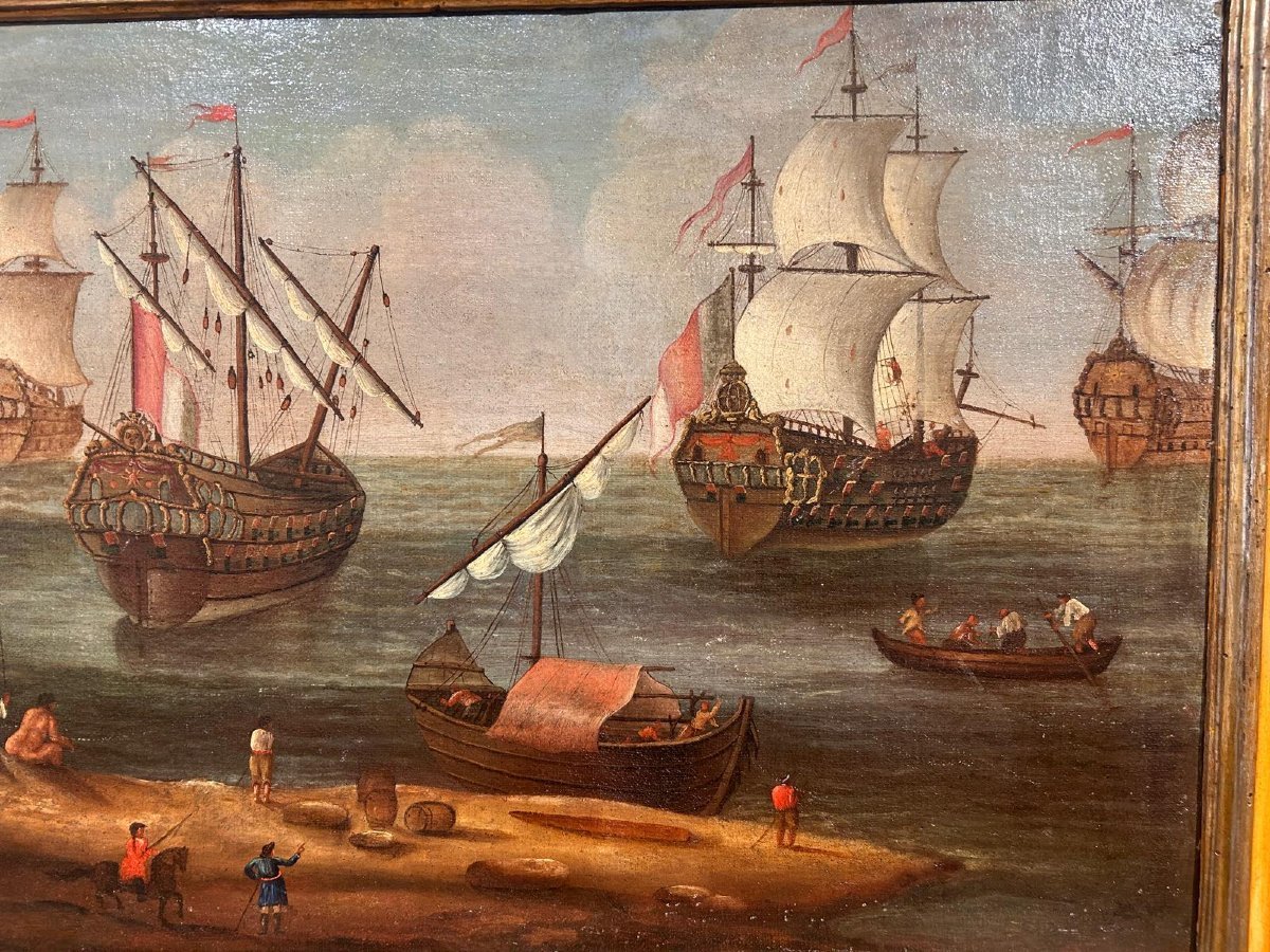 Interesting Seascape With Figures And Galleons With Contemporary Frame, Late 17th Century.-photo-2