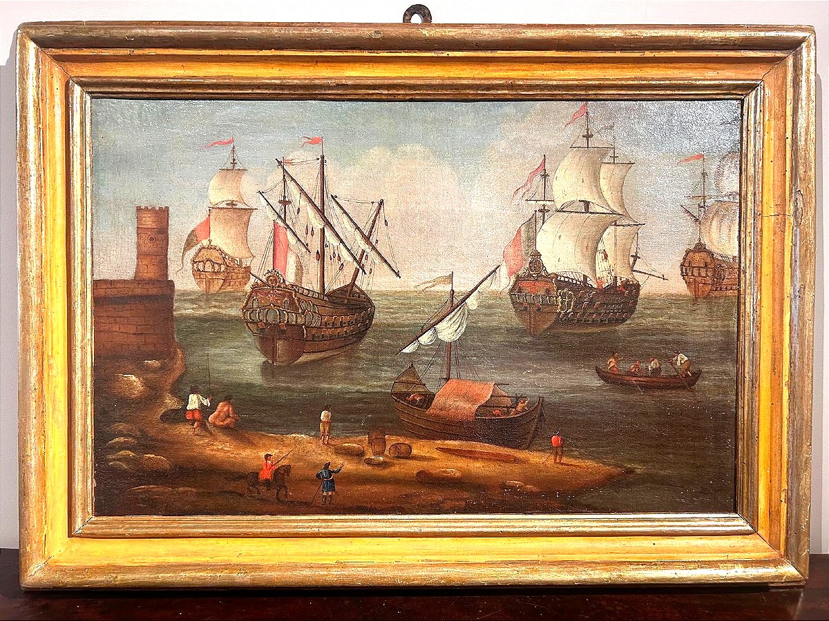 Interesting Seascape With Figures And Galleons With Contemporary Frame, Late 17th Century.