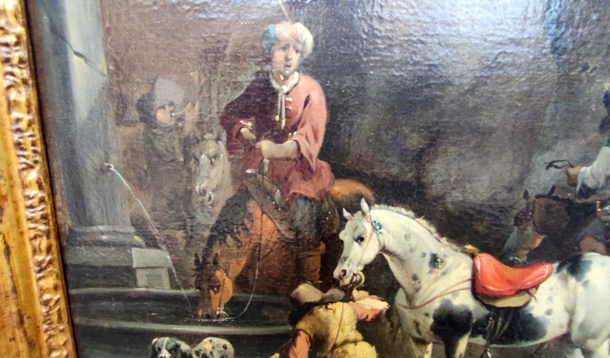 "hunting Trip With Falconer" Signed By The Dutch Master Simon Van Douw (1630-1677)-photo-5