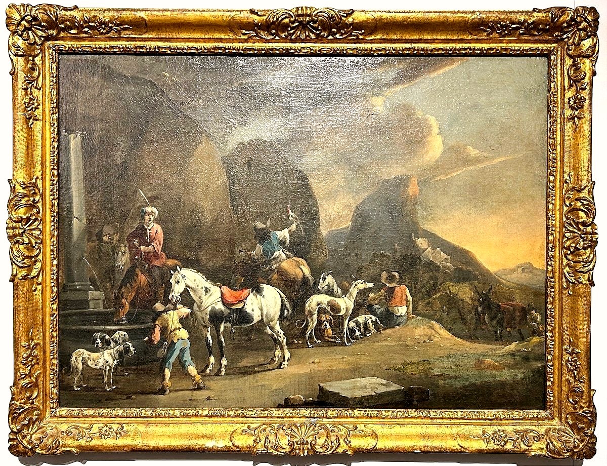 "hunting Trip With Falconer" Signed By The Dutch Master Simon Van Douw (1630-1677)
