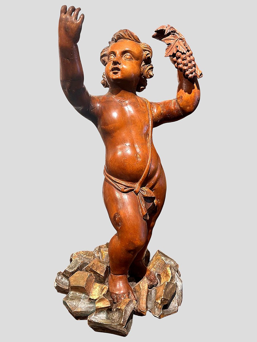 Sculpture allégorie bachique en bois de pin suisse. (72 cm de hauteur)