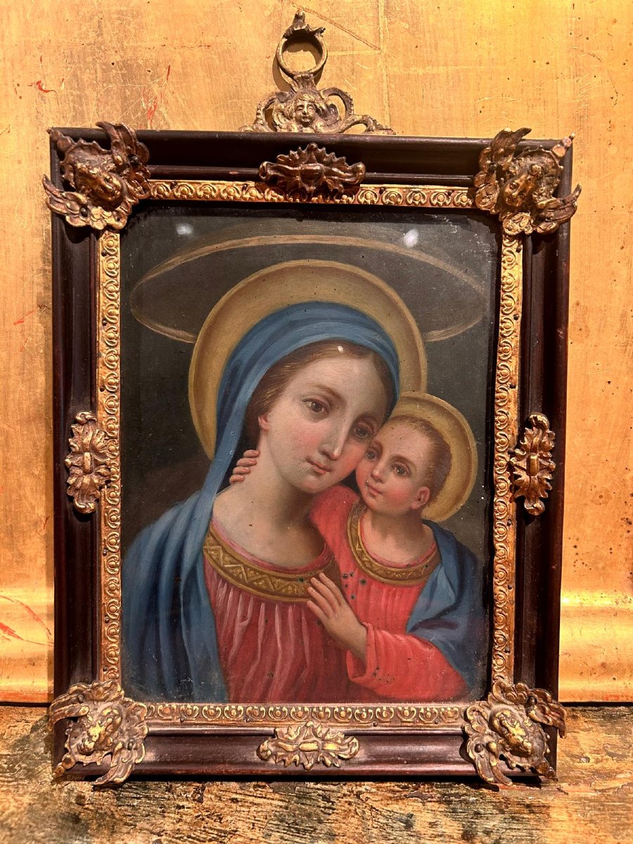 Vierge à l'Enfant, huile sur cuivre dans un cadre avec inserts en bronze.-photo-2