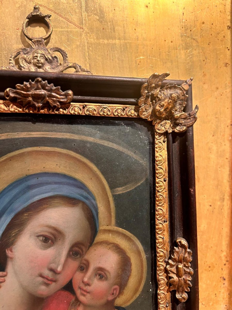 Vierge à l'Enfant, huile sur cuivre dans un cadre avec inserts en bronze.-photo-4