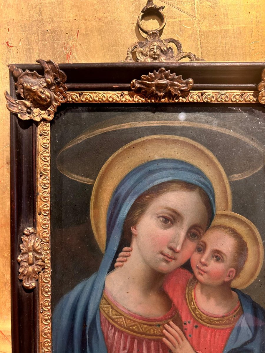 Vierge à l'Enfant, huile sur cuivre dans un cadre avec inserts en bronze.-photo-1
