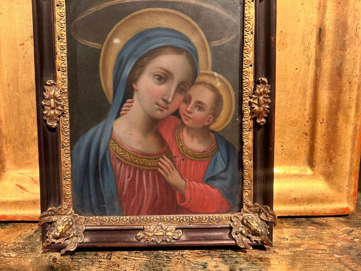 Vierge à l'Enfant, huile sur cuivre dans un cadre avec inserts en bronze.-photo-2