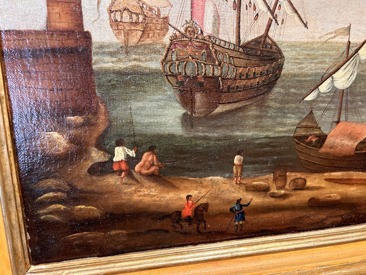 Interesting Seascape With Figures And Galleons With Antique Frame, Late 17th Century.-photo-1