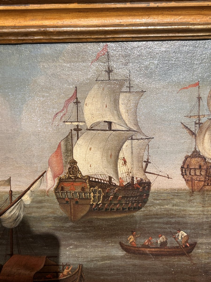 Interesting Seascape With Figures And Galleons With Antique Frame, Late 17th Century.-photo-2