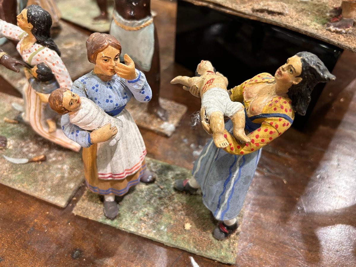 Diorama Ancien En Terre Cuite Polychrome Composé De Figurines Du Massacre Des Innocents, Naples-photo-4