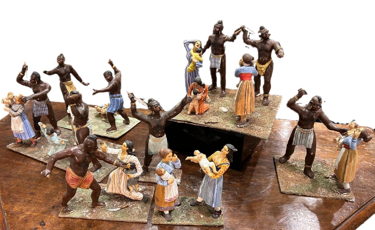 Diorama Ancien En Terre Cuite Polychrome Composé De Figurines Du Massacre Des Innocents, Naples