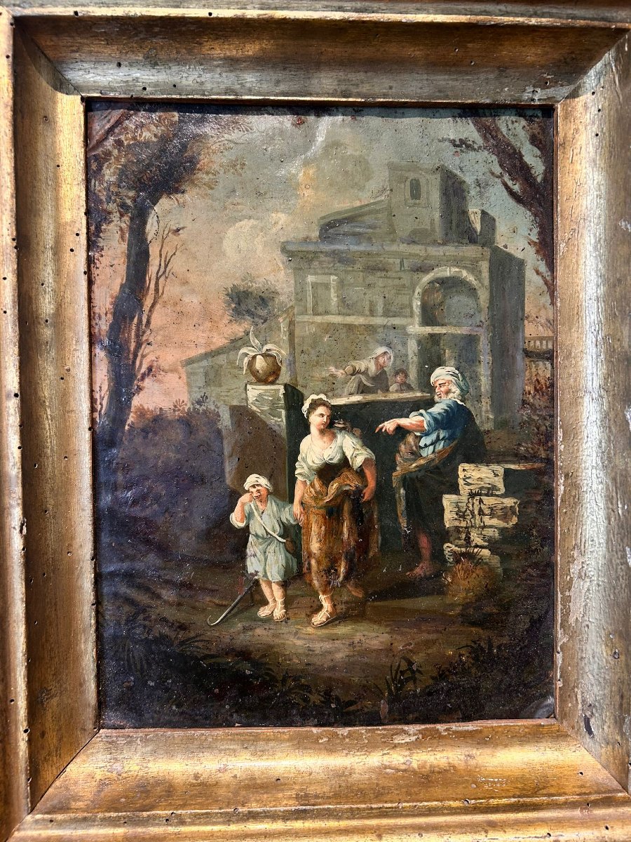 Expulsion d'Agar et d'Ismaël, huile sur cuivre de la seconde moitié du XVIIe siècle-photo-3