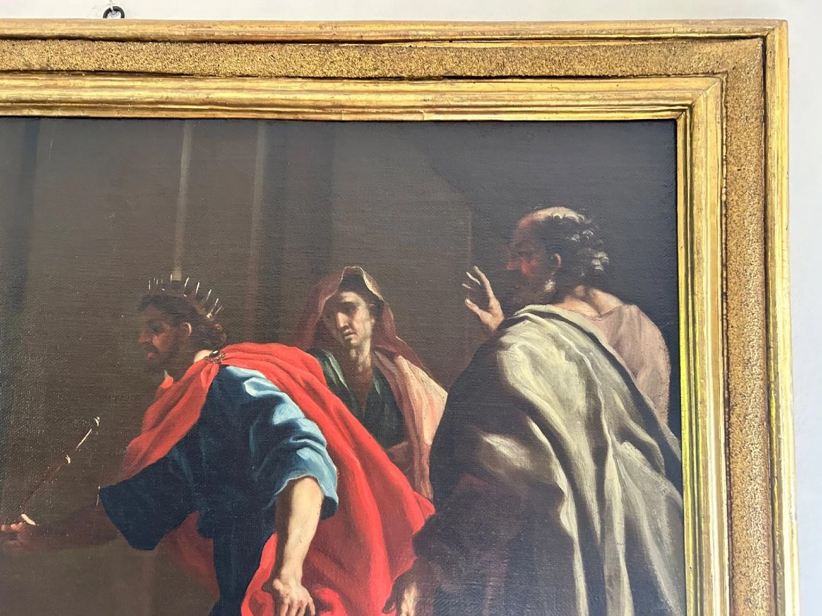 Esther Et Assuero -huile Sur Toile De La  2e Moitié Du XVIIe Siècle. Cadre Romain Sablé Et Dorè-photo-4