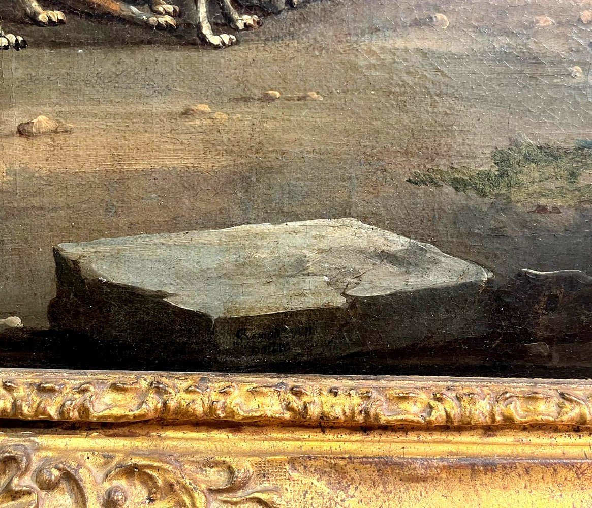 Voyage de chasse avec un fauconnier, signé par le maître Simon Van Douw (1630 - 1677)-photo-3