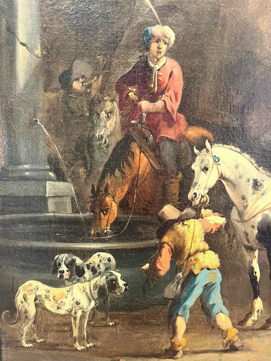 Voyage de chasse avec un fauconnier, signé par le maître Simon Van Douw (1630 - 1677)-photo-4