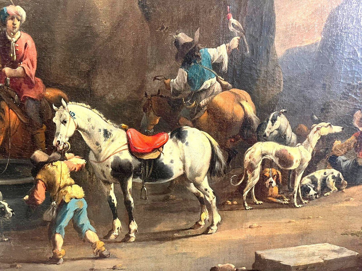 Voyage de chasse avec un fauconnier, signé par le maître Simon Van Douw (1630 - 1677)-photo-1