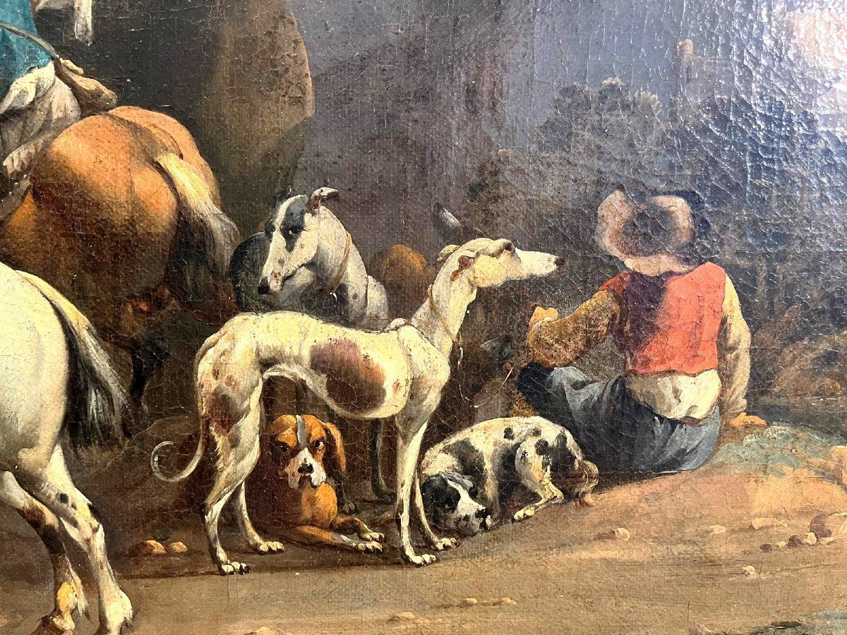 Voyage de chasse avec un fauconnier, signé par le maître Simon Van Douw (1630 - 1677)-photo-2