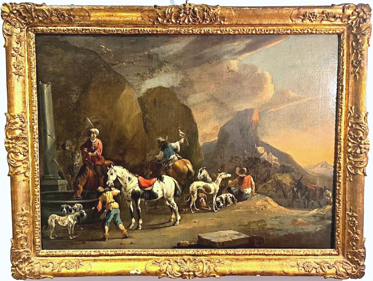 Voyage de chasse avec un fauconnier, signé par le maître Simon Van Douw (1630 - 1677)