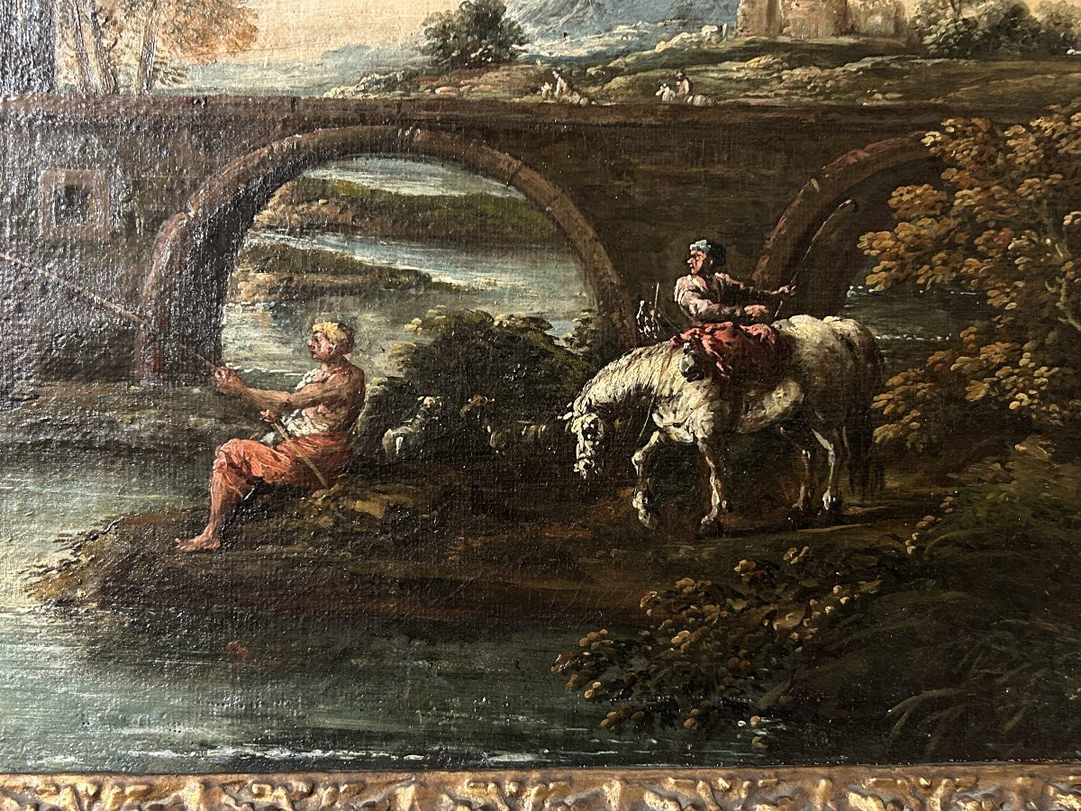 Huile sur toile superposée représ. des voyageurs pêchant près de Ponte Mammolo, fin du XVIIe s.-photo-2