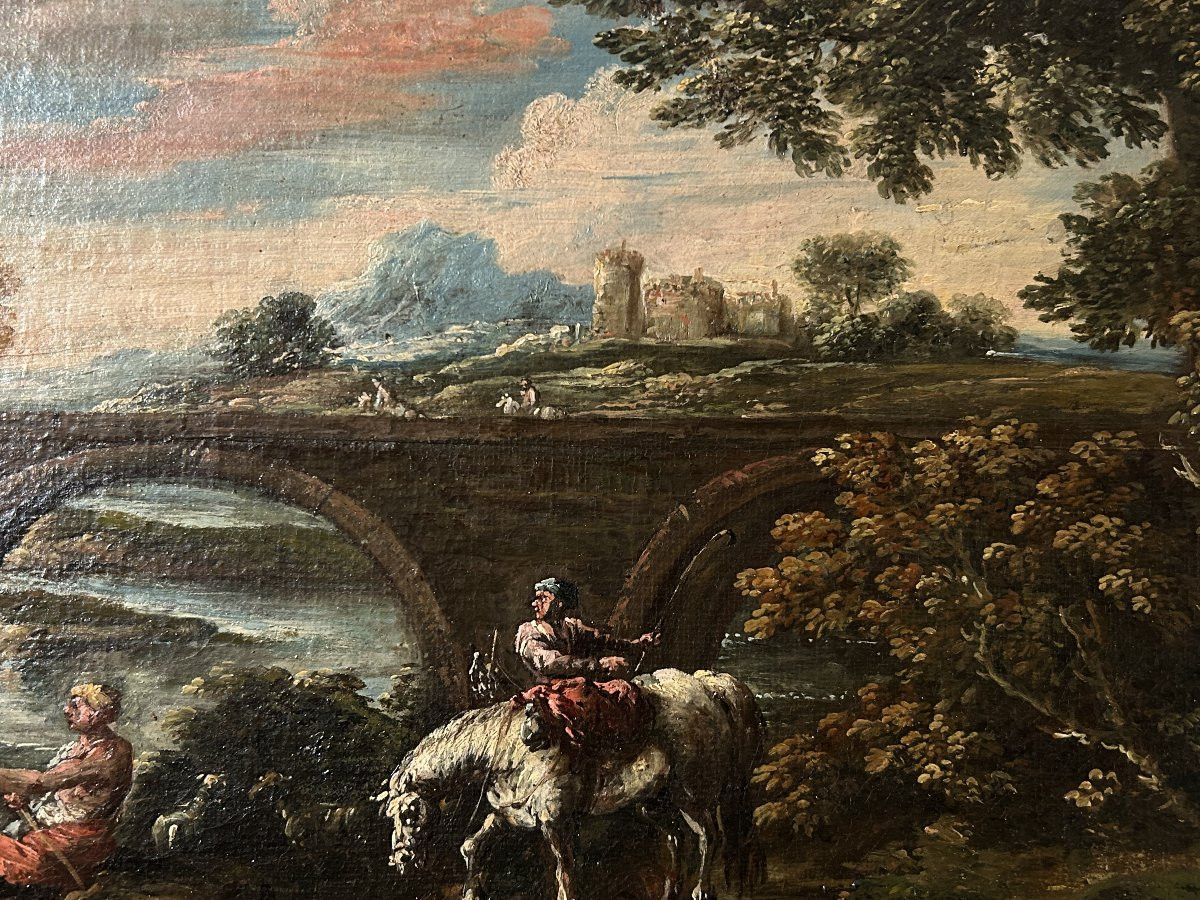 Huile sur toile superposée représ. des voyageurs pêchant près de Ponte Mammolo, fin du XVIIe s.-photo-3