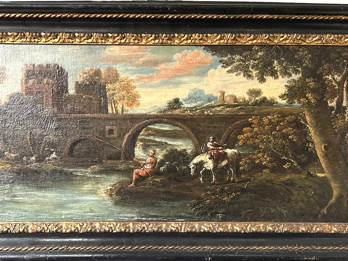 Huile sur toile superposée représ. des voyageurs pêchant près de Ponte Mammolo, fin du XVIIe s.-photo-4
