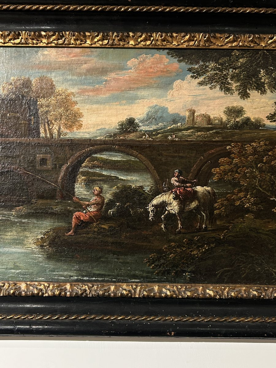 Huile sur toile superposée représ. des voyageurs pêchant près de Ponte Mammolo, fin du XVIIe s.-photo-1
