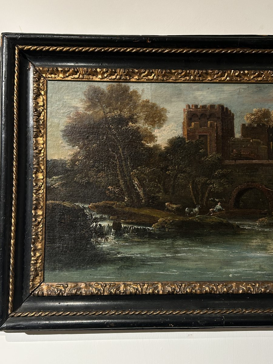 Huile sur toile superposée représ. des voyageurs pêchant près de Ponte Mammolo, fin du XVIIe s.-photo-2