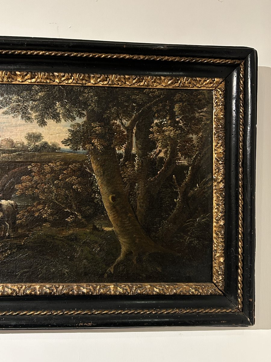 Huile sur toile superposée représ. des voyageurs pêchant près de Ponte Mammolo, fin du XVIIe s.-photo-3