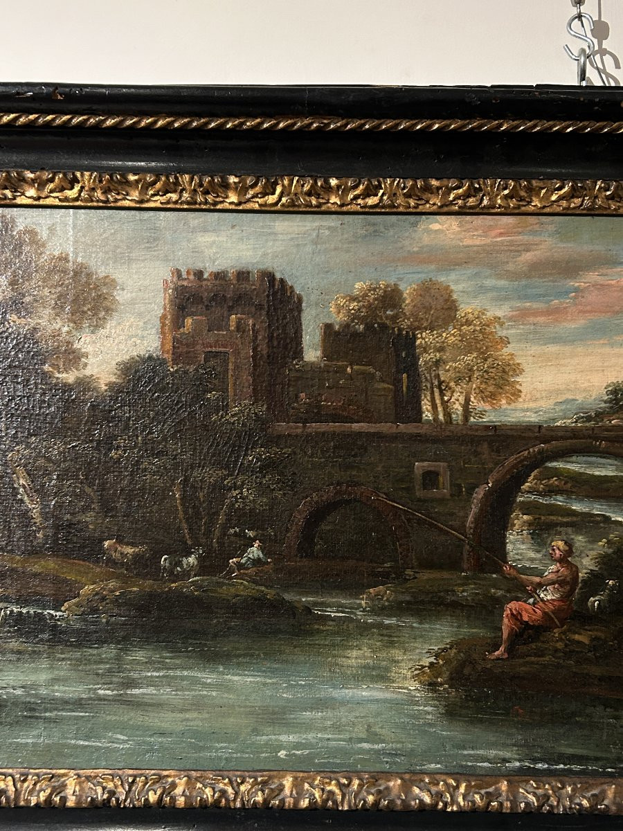 Huile sur toile superposée représ. des voyageurs pêchant près de Ponte Mammolo, fin du XVIIe s.-photo-4