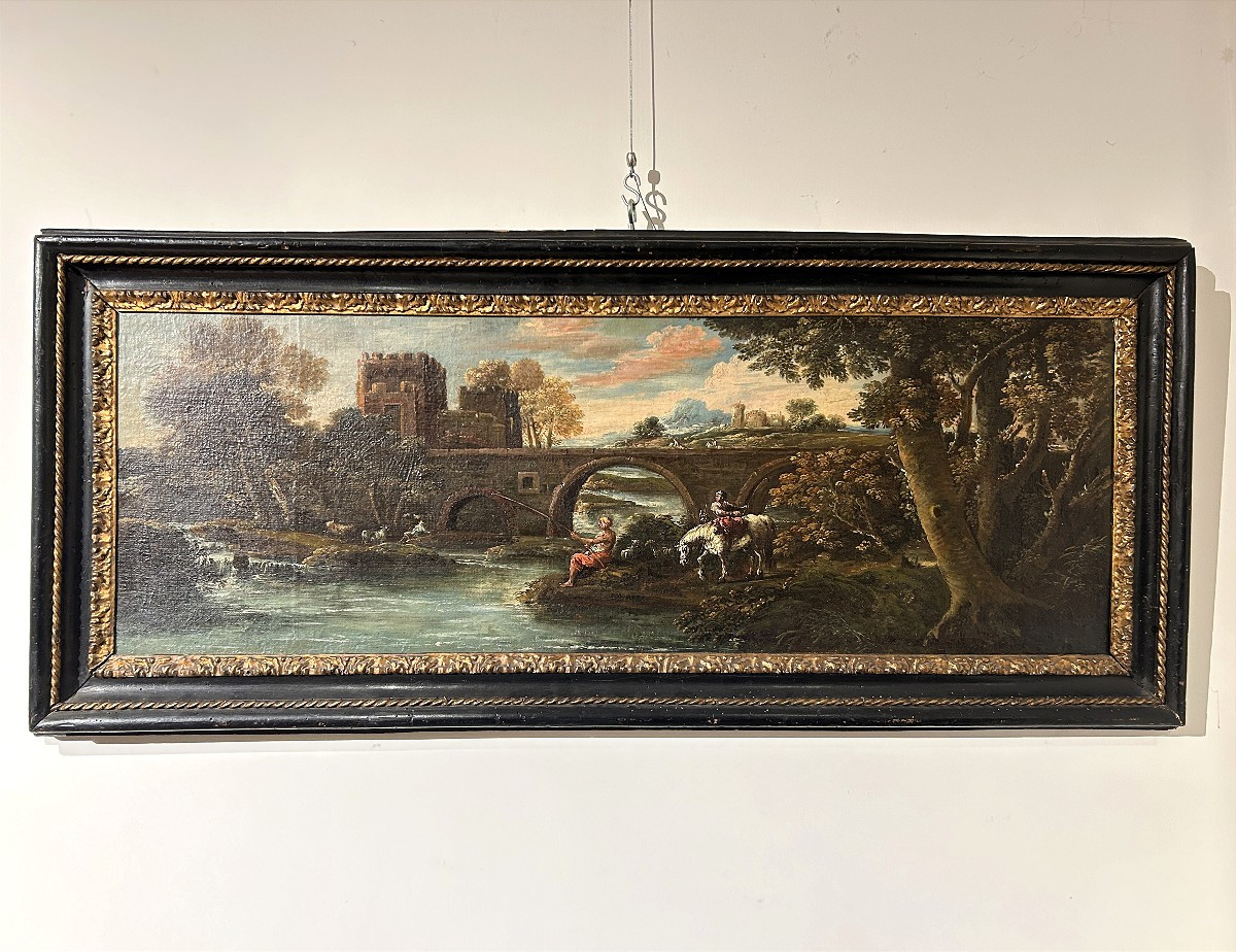Huile sur toile superposée représ. des voyageurs pêchant près de Ponte Mammolo, fin du XVIIe s.